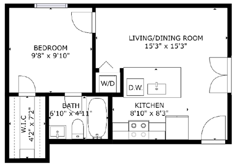1 bed 1 bath floor plan K at The Eastern Apartments, Dallas, Texas